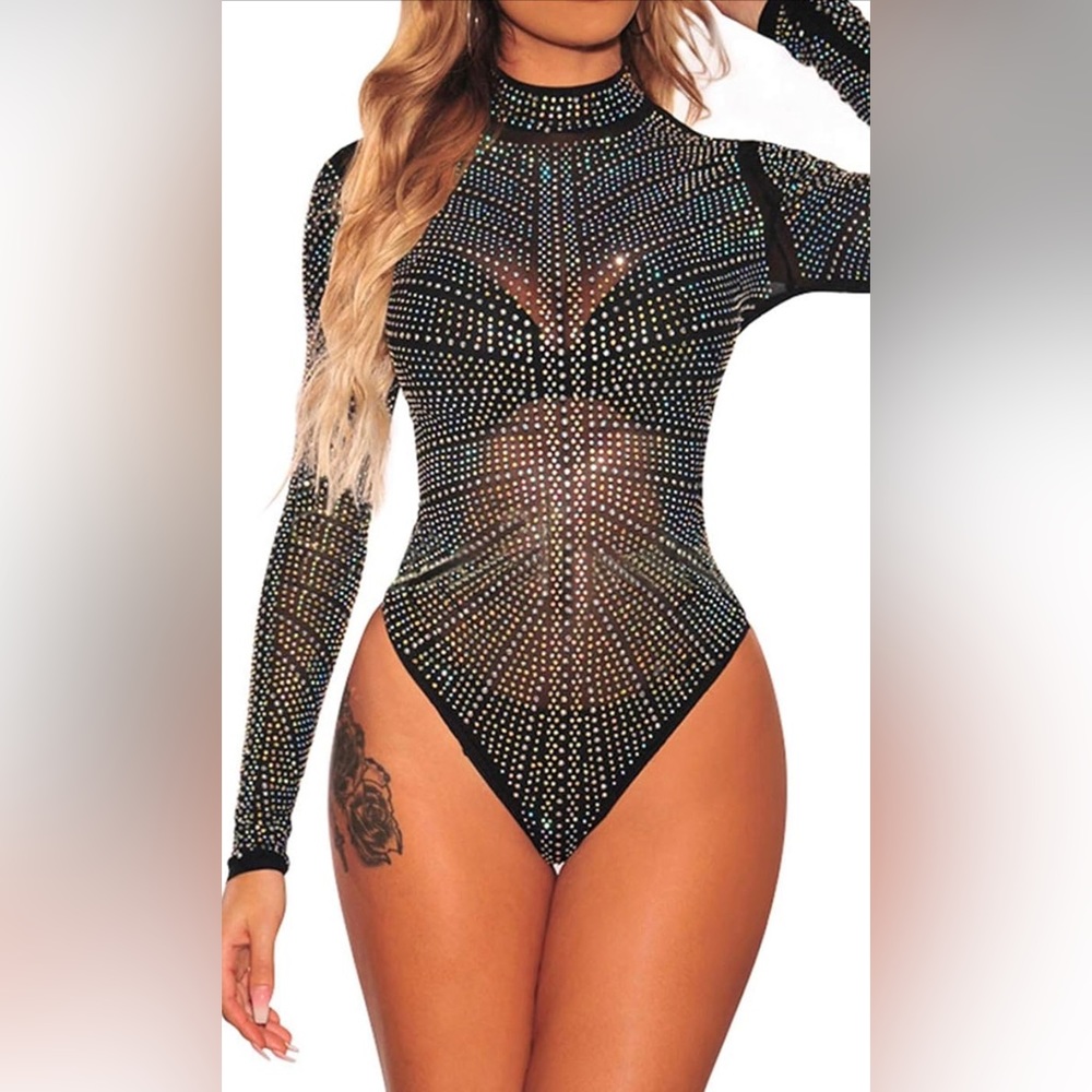 Women Long Sleeves Mesh See Through Jumpsuit Bodysuit - NWOT